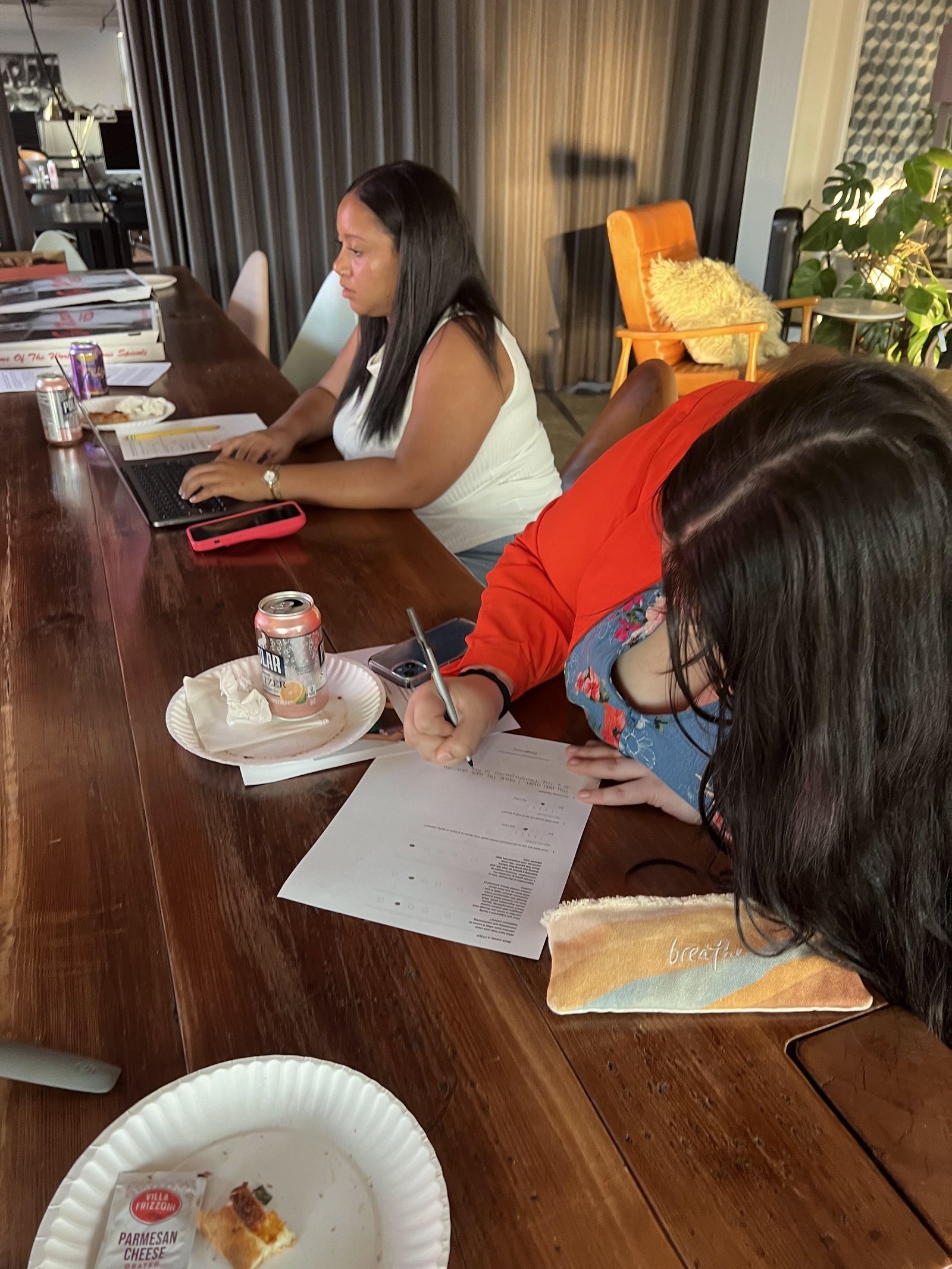 Post-dinner surveys at the table.