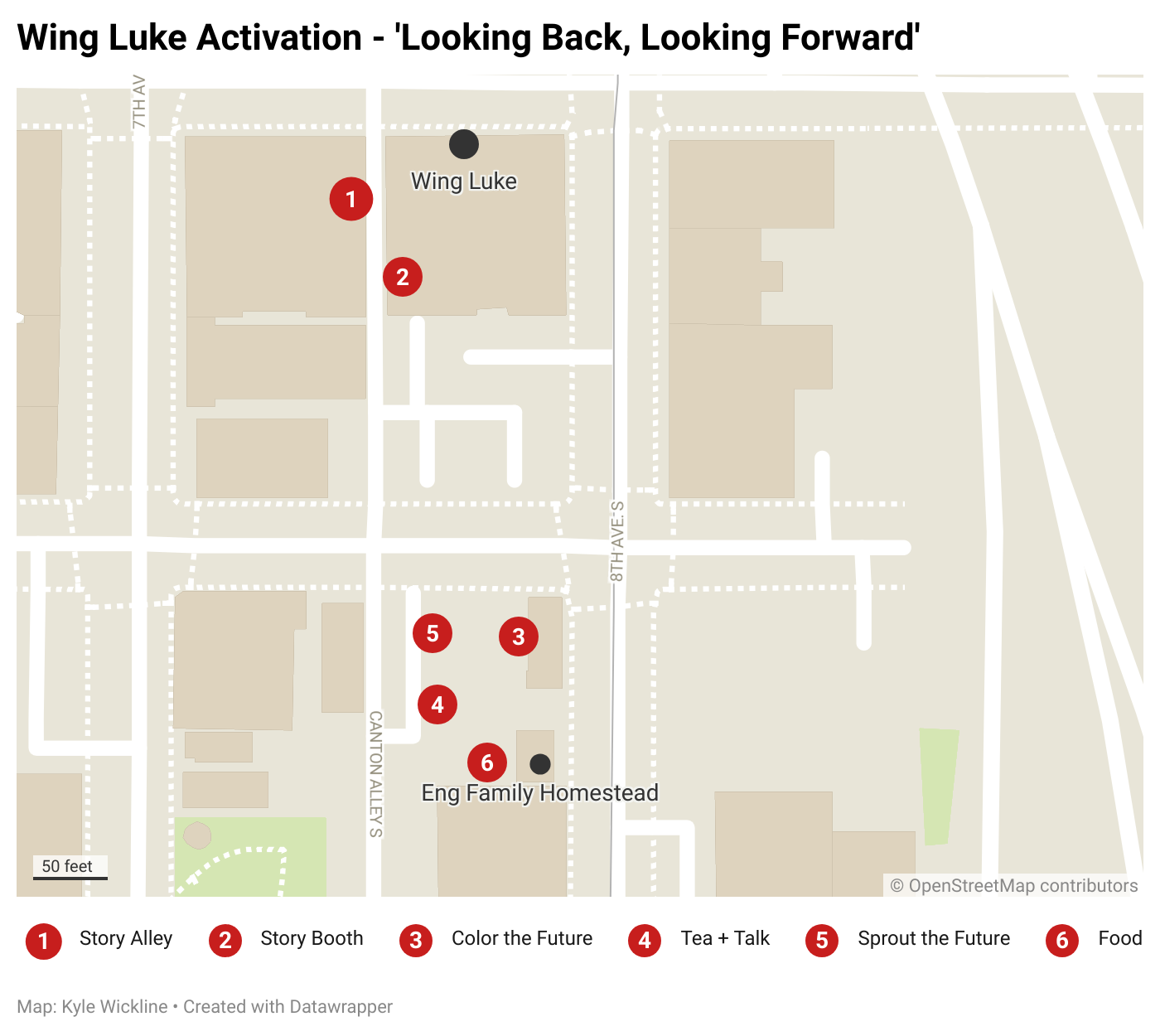 Site map titled Wing Luke Activation, Looking Back, Looking Forward. Two blocks between 7th Ave and 8th Ave S, with Canton Alley S running north to south. Numbered markers: 1, Story Alley, in the alley beside the Wing Luke Museum; 2, Story Booth, along the museum building; 3, Color the Future, 4, Tea + Talk, 5, Sprout the Future, and 6, Food, all on the Eng Family Homestead lot south of the cross street. Scale bar shows 50 feet.