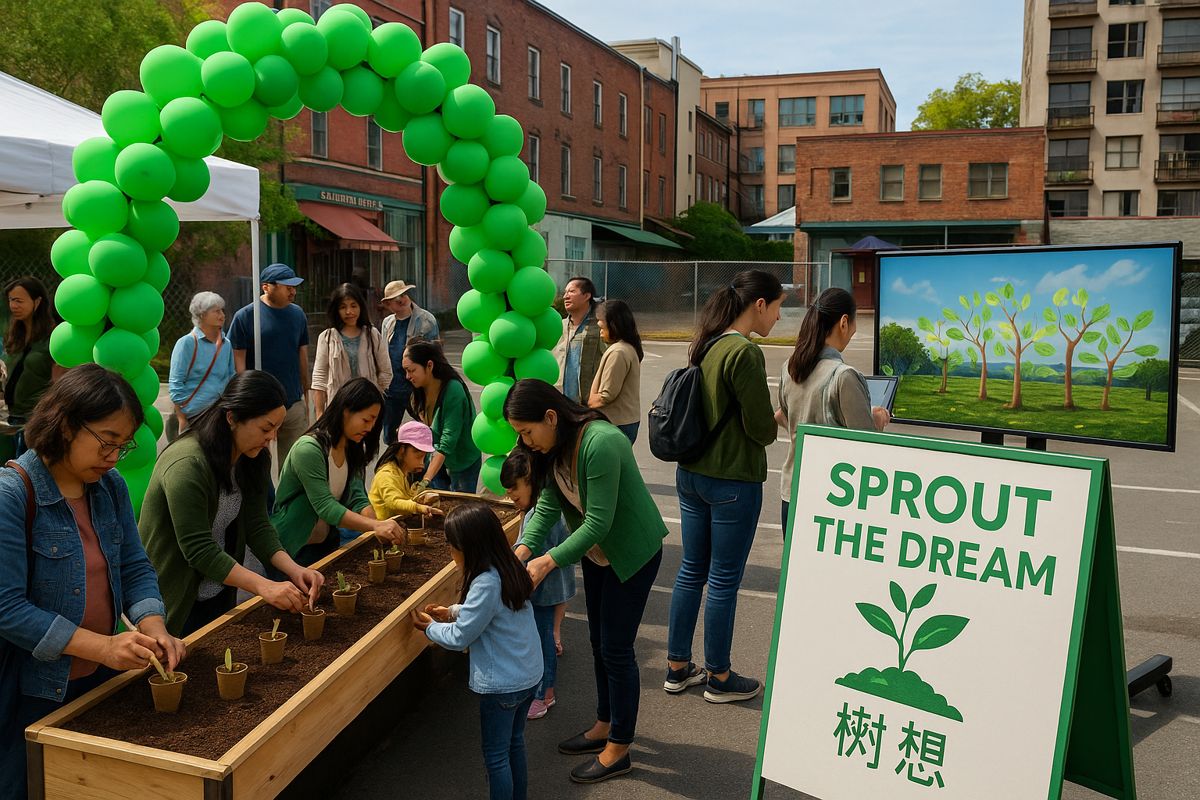 Concept render of families planting seeds in a long wooden planter box under a green balloon arch, beside a Sprout the Dream sign with Chinese characters and a screen showing growing sprouts.