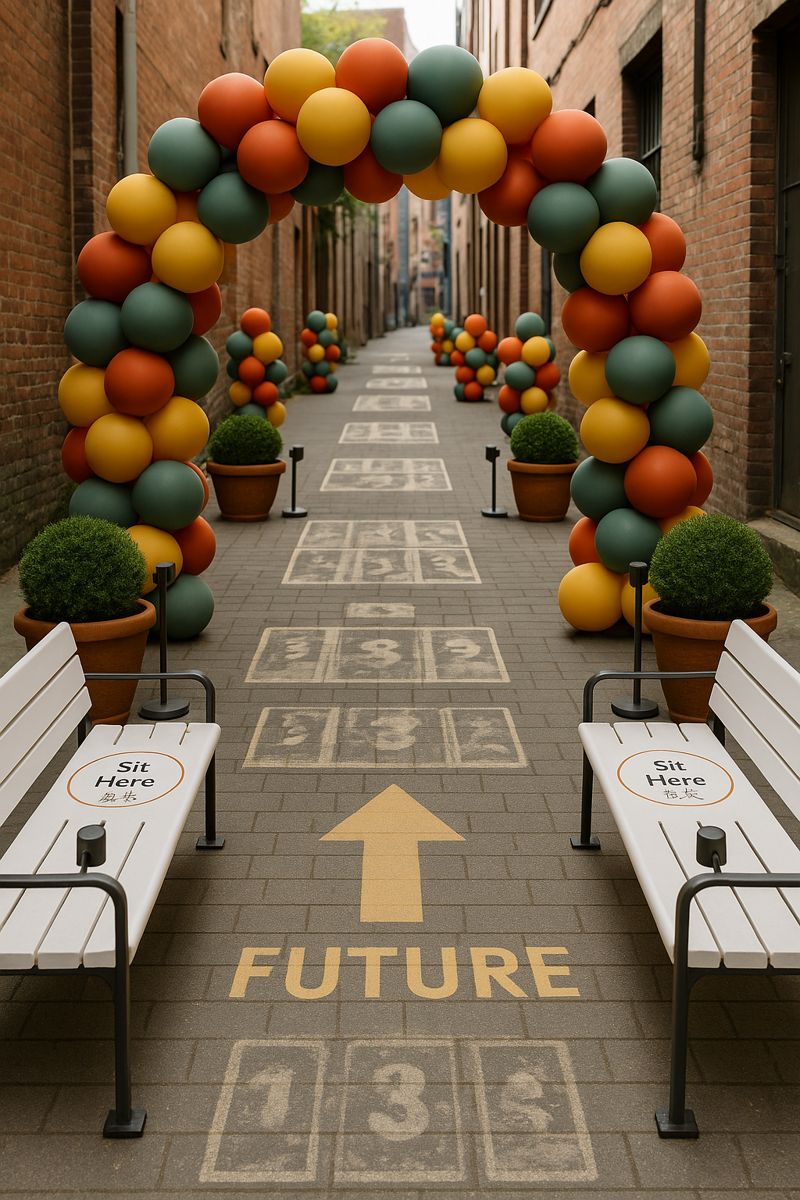 Concept render of Canton Alley: a balloon arch in red, gold, and green over the alley entrance, potted shrubs, white benches with Sit Here decals, chalk photo stencils on the pavement, and a painted arrow labeled Future.