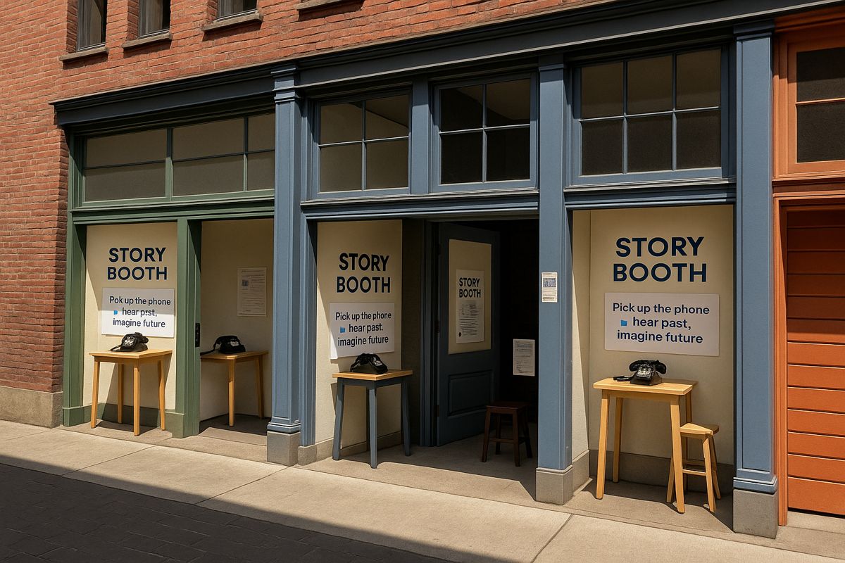 Concept render of three recessed brick storefront doorways, each with a Story Booth sign, a small wooden table, a stool, and a rotary phone.