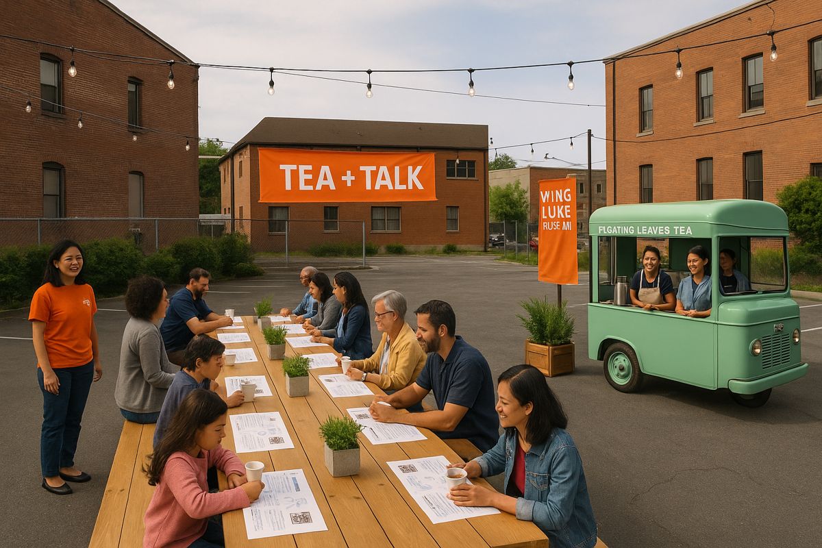Concept render of a long wooden table on a lot between brick buildings, with people seated at paper placemats, a Tea + Talk banner, string lights, and a green vintage tea cart.